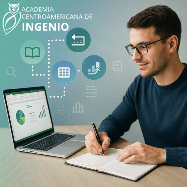 Estudiante escribiendo en un cuaderno mientras analiza gráficos de Excel en su laptop, rodeado de íconos educativos relacionados con estadística y visualización de datos.