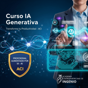 Ilustración de persona usando herramientas de IA como ChatGPT en su laptop, rodeada de íconos de análisis, automatización y certificación, sobre fondo verde-azulado con estilo moderno y educativo.
