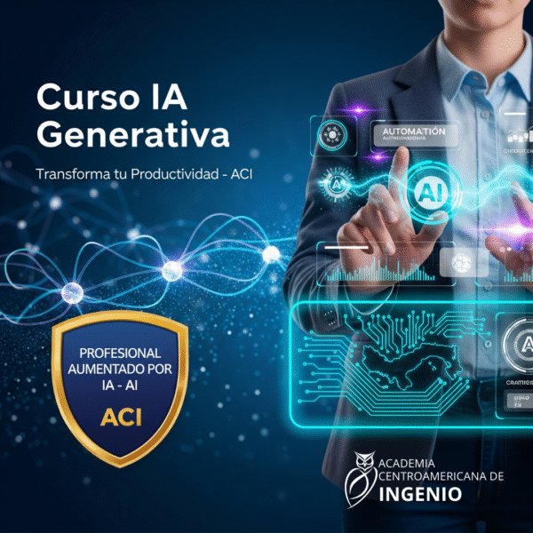 Ilustración de persona usando herramientas de IA como ChatGPT en su laptop, rodeada de íconos de análisis, automatización y certificación, sobre fondo verde-azulado con estilo moderno y educativo.