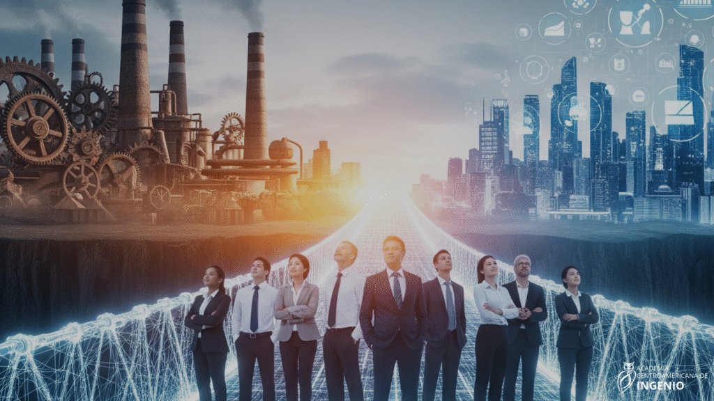 Líderes empresariales de Centroamérica cruzando un puente digital que ilustra la solución a la Paradoja del talento en Centroamérica y sus 3 brechas.