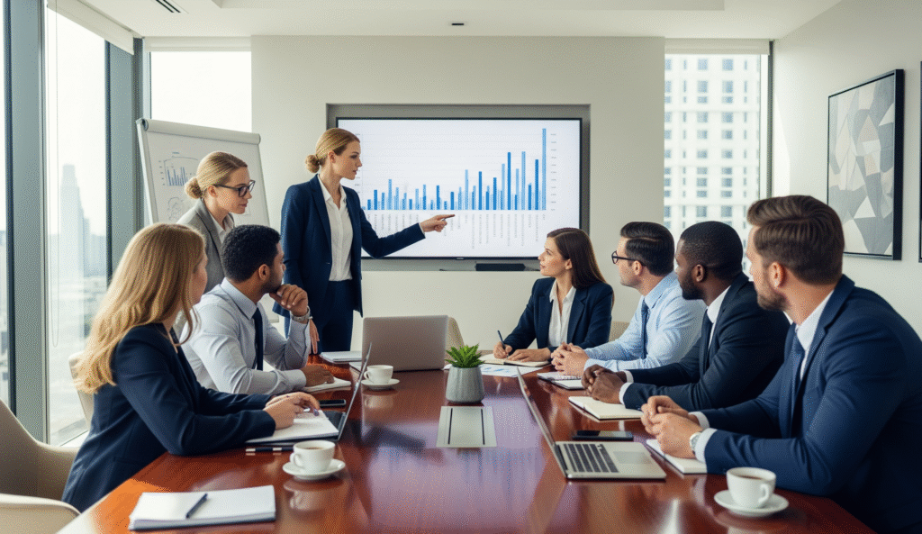 Para Empresas 1 equipo diverso colaborando en una sala de juntas moderna.
