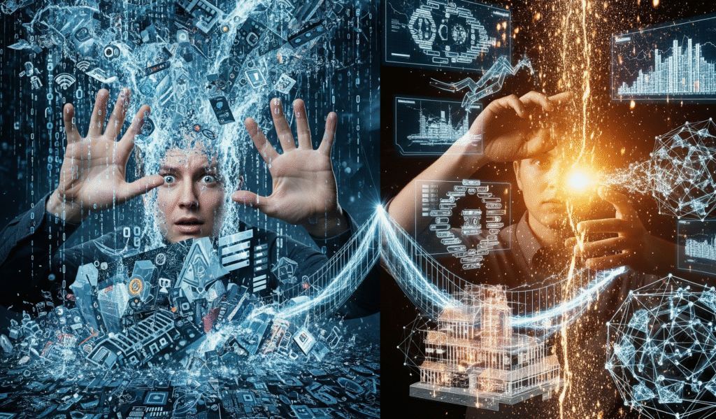 Paradoja de la IA en la educación: un cerebro humano representando el pensamiento crítico frente a una red neuronal de inteligencia artificial.
