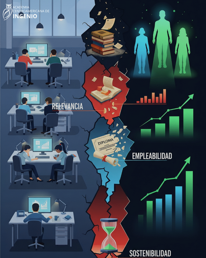 Líderes empresariales de Centroamérica cruzando un puente digital que ilustra la solución a la Paradoja del talento en Centroamérica y sus 3 brechas.