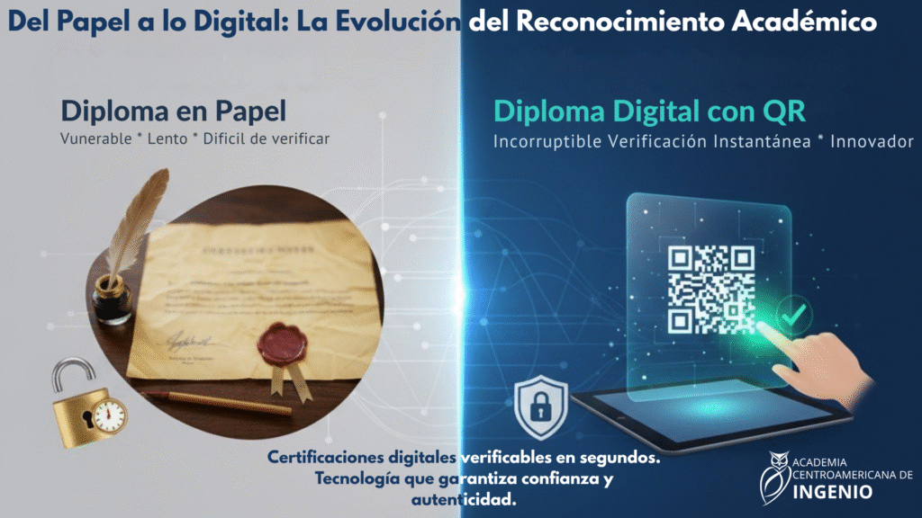Adiós al fraude académico: Blockchain revoluciona la educación en Centroamérica 2 Diagrama comparativo Diploma Tradicional vs Diploma Blockchain: seguridad por criptografía y verificación con código QR. Centroamérica.
