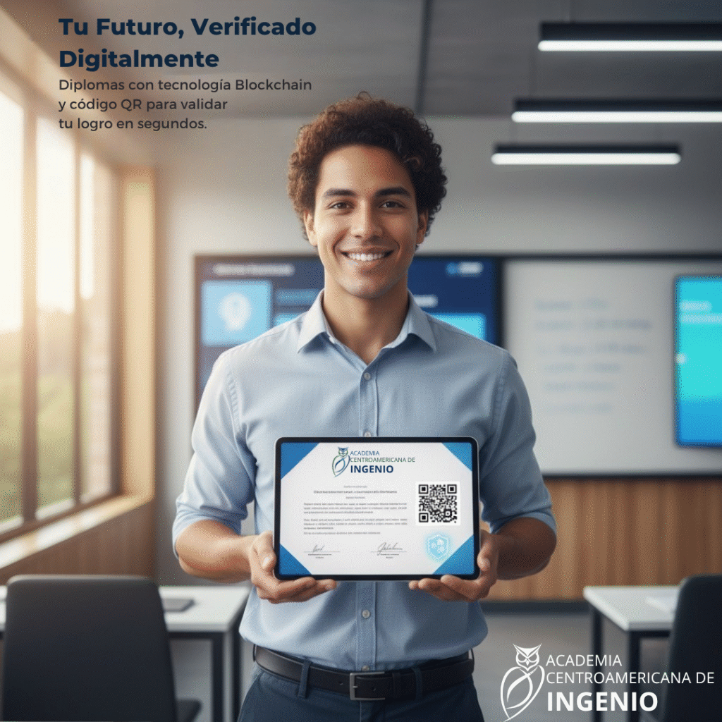 oven profesional de Centroamérica sosteniendo diploma digital con código QR verificado por Blockchain. Fraude académico.