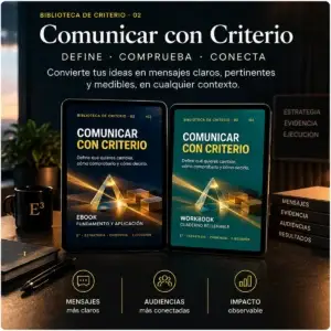 Ebook y workbook Comunicar con Criterio E³, presentados en dispositivos digitales con portadas azul marino y verde teal.