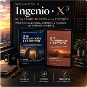 Presentación digital de Ingenio X³ con ebook azul marino y workbook terracota para la planificación personal, profesional y financiera.